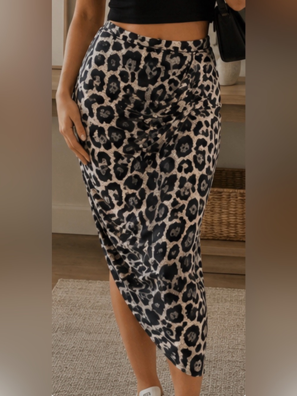 Leopard Print Ruched Side Midi Skirt Black & Beige